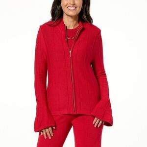 Wynne Collection Red Godet Bell Sleeve Full Zip Cardigan Sweater Jacket Medium